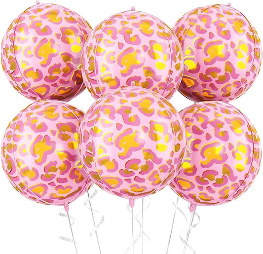 6Pcs 22 Inch Pink Leopard Print Foil Balloons, Large Metallic Round Animal Print Balloons for Jungle Safari Theme Birthday Party Decorations