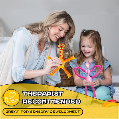 Giraffe Sensory Toys 4Pcs Gift for Toddlers Girls Year Old Ages 3 4 5 6 7 8 9 10, Suction Autism Toy Pop Tube Fidget Toys Autistic Travel Toys Stocking Easter Basket Stuffer Valentine Gift for Kids