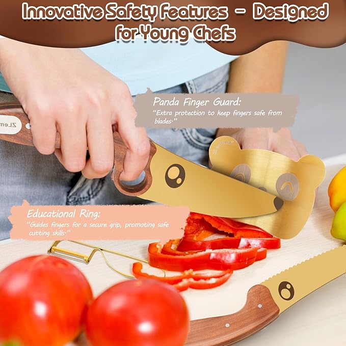 Kids Knife Set for Real Cooking with Educational Ring & Precious Rosewood Handle, Kids Chef Knife-4pcs Set with Stainless Steel Finger Guard-Golden Coating