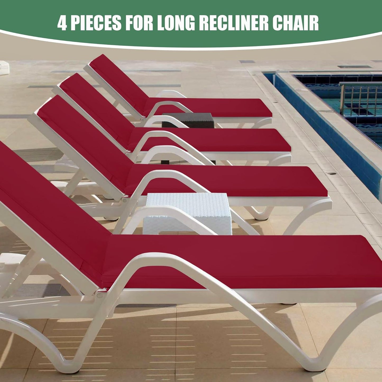 Chaise Lounge Cushions Outdoor Set of 4 - Waterproof and Fade Resistant Sun Lounger Replacement Cushions - Patio Lounger Pads with Removable Cover for Pool, Deck, Lawn, 72 x 21 x 3 Inch, Red