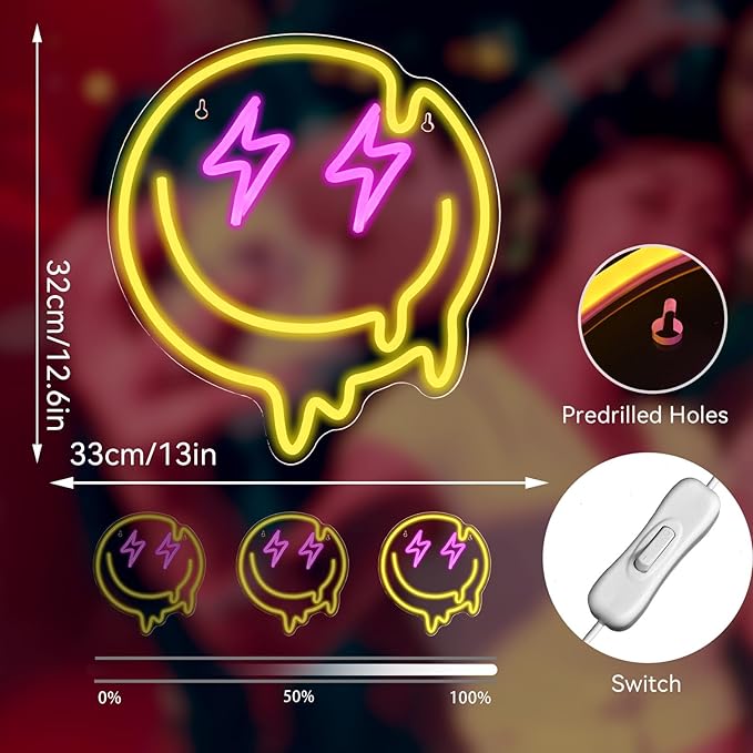 LED Smile Faces Neon Light Signs USB Powered for Wall Bedroom Kids Room Holiday Party Decoration Gifts (Yellow)