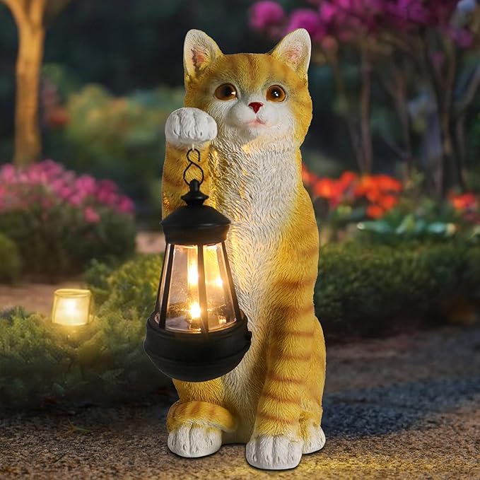 Cat Statues for Garden - Solar Powered Outdoor Cat Garden Statue, Crafted Garden Sculptures & Statues for Patio, Yard, Lawn, Gardening Gifts for Women and Mom(11" Cat)