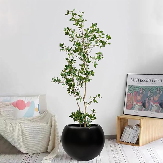 13.5 H x 17" Dia (12" Pot Opening) Black Round Fiberstone Planter with Drainage Hole, Indoor/Outdoor Large Plant Pot for Home Patio Garden, Ideal for Large Plants