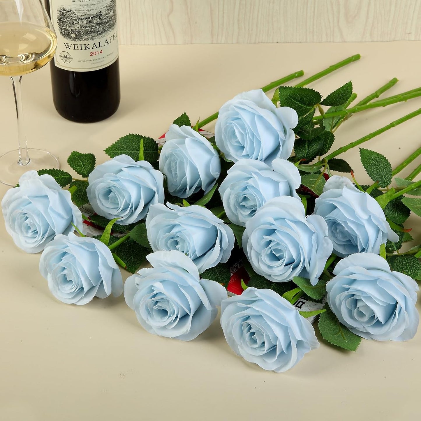 12pcs Roses Artificial Flowers Fake Roses Baby Blue Silk Roses White Silk Flowers Rose with Long Stems for Wedding Home Party Centerpieces Decorations