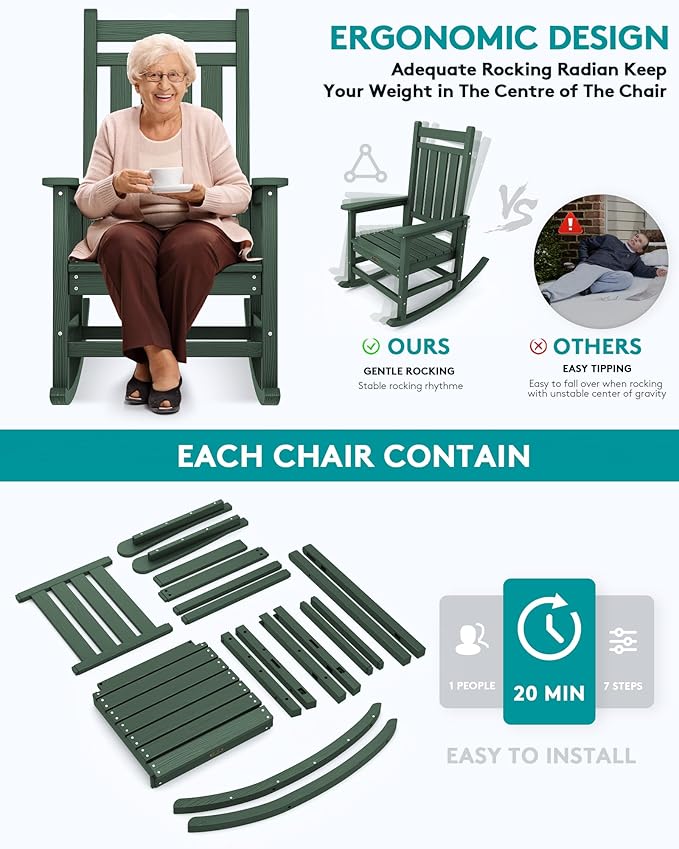 SERWALL Outdoor Rocking Chair Set of 2, HDPE Rocking Chairs for Adult, All Weather Porch Rockers for Lawn Garden, Green