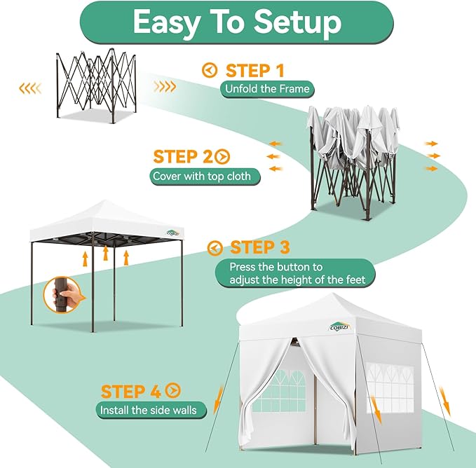COBIZI 10x10 Pop Up Canopy Tent Heavy Duty with 4 Sidewall, Commercial Outdoor Easy Pop Up Gazebo for Party Wedding All Weather Waterproof UV 50+ with Carry Bag(Leg Upgraded),White