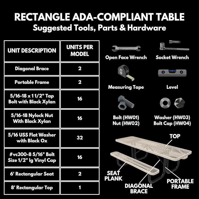 Heavy-Duty Portable ADA-Compliant Outdoor Picnic Table, Punched Steel Patio Dining Furniture Made in America (8ft Rectangular, Both-Side Handicap, Textured Gold Vein)