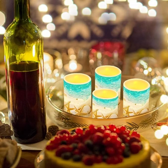 Beach Starfish Seashell Flameless Light Candles Battery Powered with Timer Remote Color Chaging Pillar Fake Candles Pack of 4 for Wedding Home Outdoor Decor