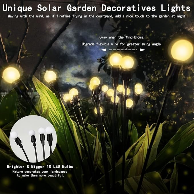 Solar Lights for Outside,4Pack 10Led Swaying Solar Garden Lights, Firefly Lights with Highly Flexible Copper Wires, Sway by Wind, Solar Lights Outdoor Waterproof with 2modes for Yard Patio Path Lawn