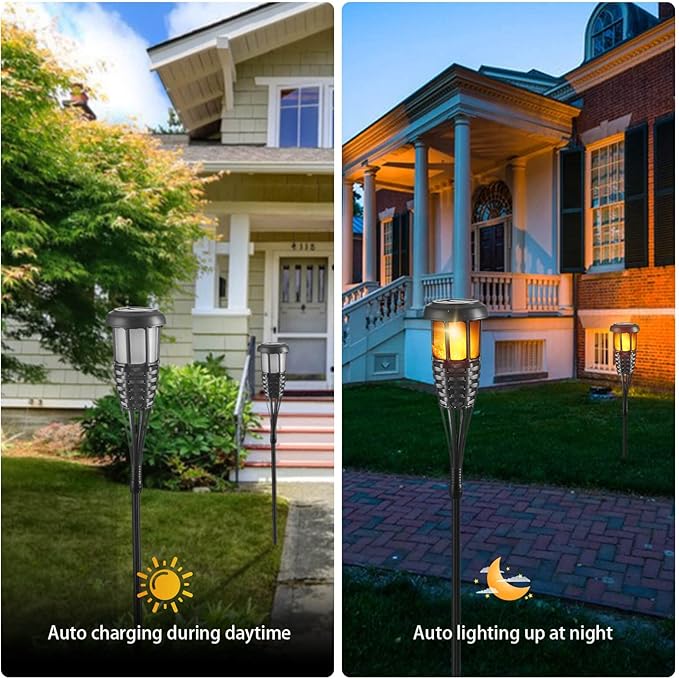 Solar Torch Light with Flickering Flame, 4 Pack Waterproof Bamboo Torches Hand-Woven Rattan Solar Tiki Torches for Outside Patio Yard Garden Lawn (Black-4 Pack)