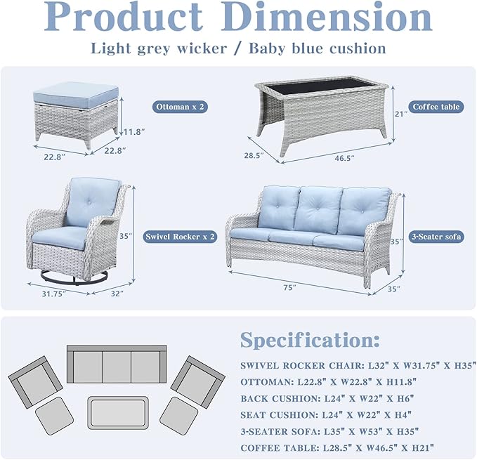 Wicker Outdoor Furniture Patio Furniture Set - 6 Piece Patio Conversation Set with Swivel Rocker Chairs, Rattan Sofa, Ottomans and Coffee Table, Baby Blue Cushion