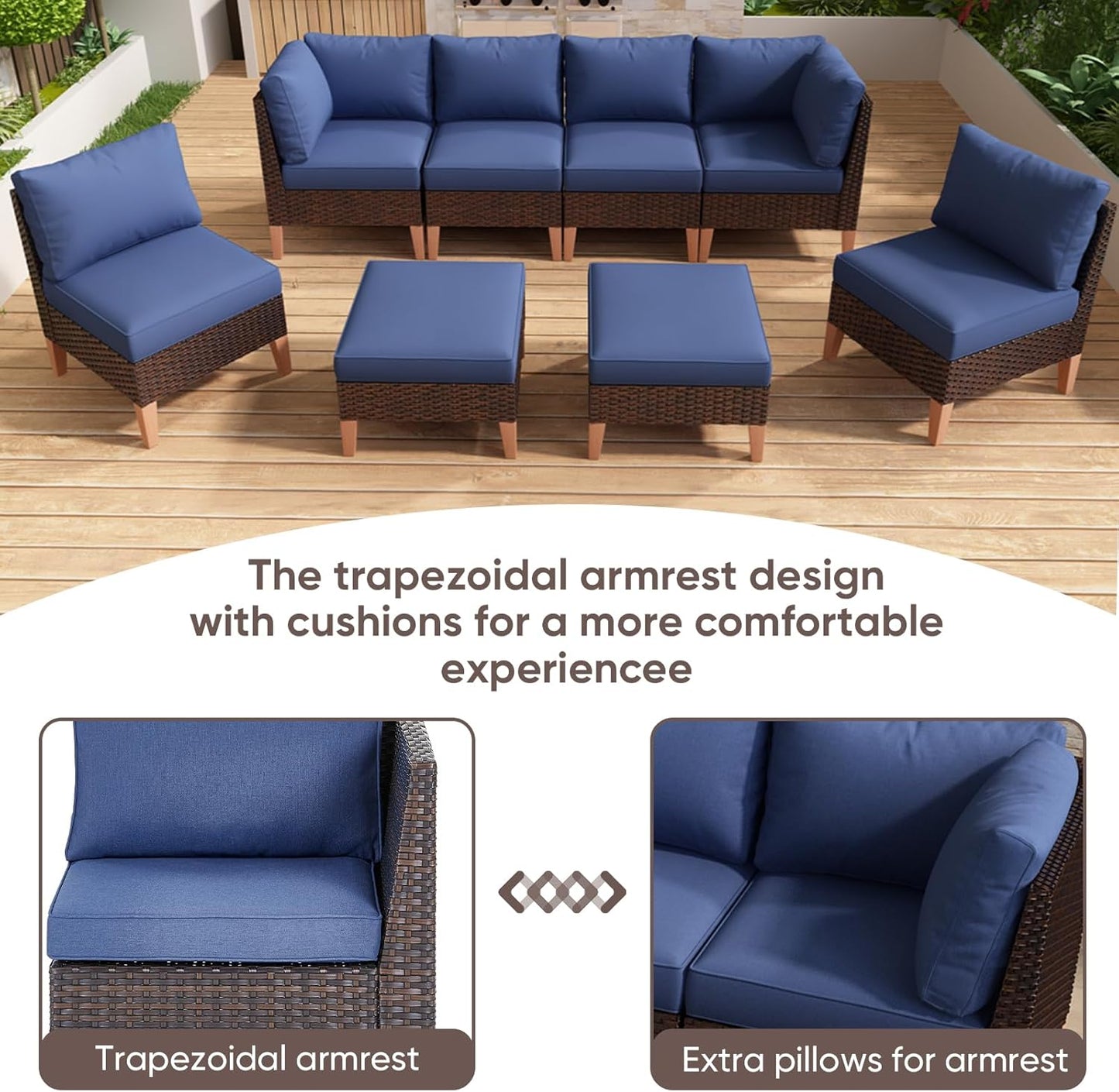 HUMMUH 8 Pieces Patio Furniture Set,Outdoor Modular Sectional Couch Chairs with Ottomans,All Weather PE Wicker Patio Conversation Sets for Garden Porch Backyard