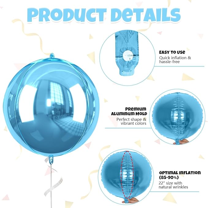 Giant 4D Foil Balloons, 6Pcs Large Metallic Light Blue Royal Silver Round Balloons, 22 Inch Big Round Foil Balloon for Red Birthday Party Baby Shower Wedding Decorations