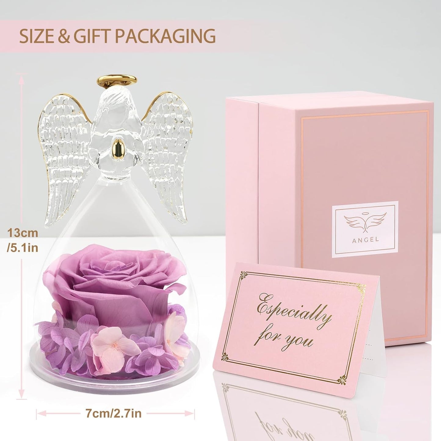 Yamonic for Mom, Moms Birthday Gifts for Women Grandma, Angel Figurines with Preserved Real Flowers Rose for Mothers Day, Wife Anniversary, Valentine's Day Gifts for Her(Pink+Purple)