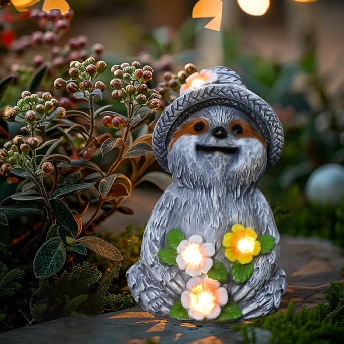 Solar Garden Outdoor Statues Adorable Sloth Figurine Lights with 4 LEDs, Ideal Garden Decor for Lawn, Patio, Balcony and Yard. Exquisite Lawn Ornament and Unique Gifts for Mom and Grandma