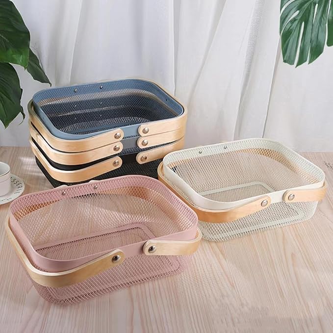 Metal Mesh Steel Basket, Storage Organizer Basket Garden Harvest Basket Multi-functional Kitchen Fruit Baskets Bin with Wooden Handle for Bathroom Picnic Shopping Decor Cabinet Home, Grey