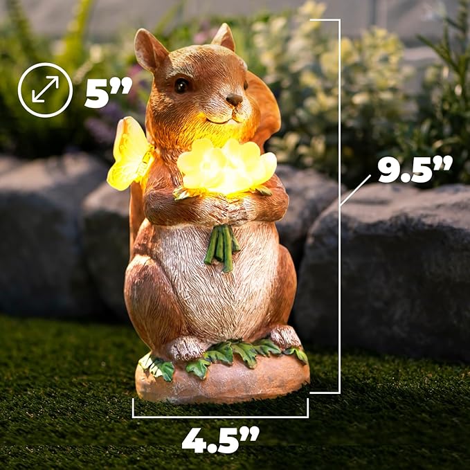 VP Home Charming Solar Powered LED Outdoor Decor Porcelain Squirrel Figurine Light Up Squirrel Gifts Garden Figurines Outdoor Solar Lawn Ornaments