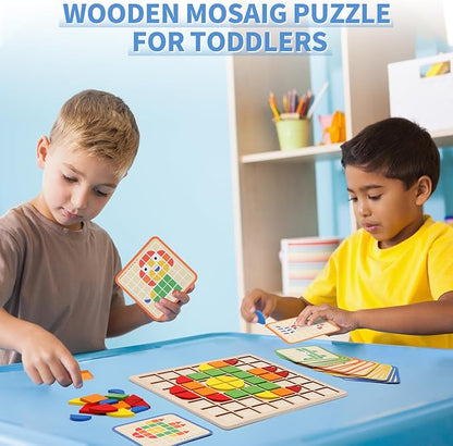 Montessori Tangram Educational, Geometric Shapes Puzzle Toys with 120Pcs Wooden Puzzle Blocks and 20Pcs Cards, Colorful Pattern Montessori Children's Educational Gifts for Kids Ages 3 and Up