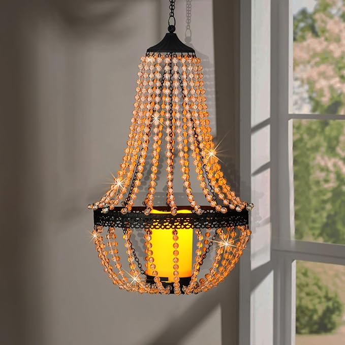 Hanging Candle Chandelier Outdoor, Battery Operated Clear Acrylic Beaded Chandelier with Flickering Led Candle Light S Hooks Modern Lantern for Garden Yard Patio Gazebo Room Indoor Decorations, 27”H