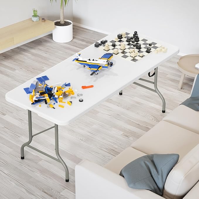 VINGLI 8 Foot Plastic Folding Table Portable Long Table for Indoor Outdoor Use Rectangular with Carrying Handle，White