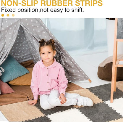 12 Pcs Plush Interlocking Carpet Tiles, Non-Toxic Foam Carpet Tiles for Toddler Baby, Machine-Washable, Anti-Slip, EVA Foam Interlocking Tiles for Floor, Nursery, Grey White Light Brown