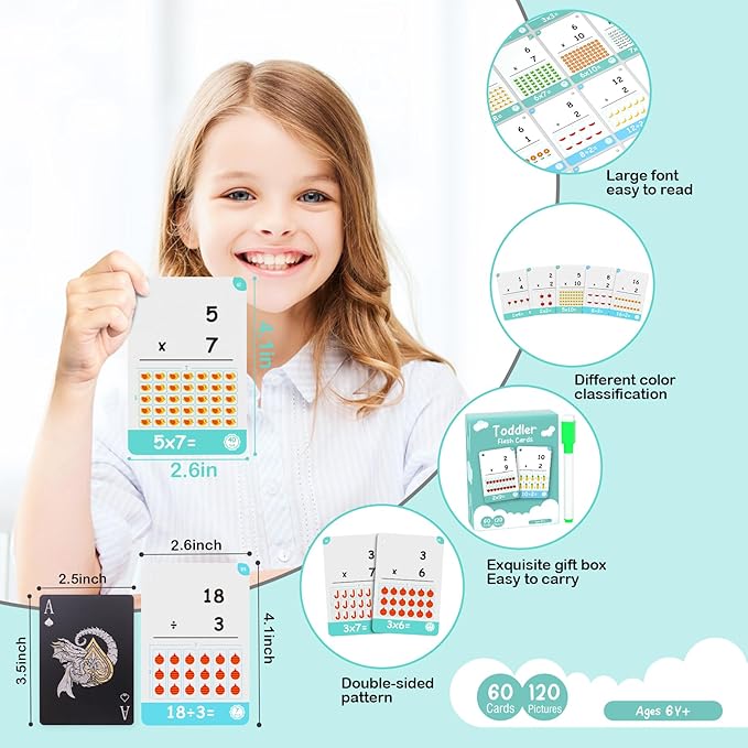 60 Cards, 120 Pictures Educational Math Flash Cards, Multiplication Division Flash Cards, for Toddlers 7,8,9,10,11 Years for 2ed, 3rd,4th，5th, 6th Grade Studends.