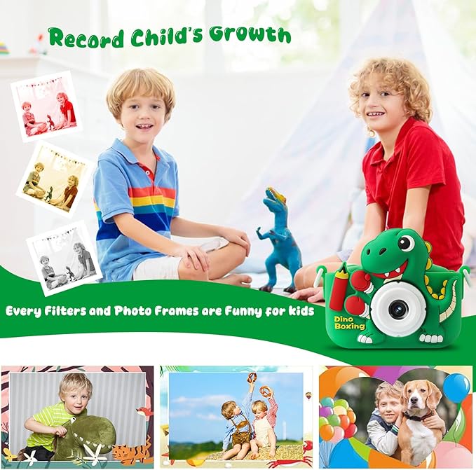Kids Camera, Dinosaur Kids Camera for Kids Boys, Toddler Camera Digital Camera for Kids Age 3-12, Christmas Birthday Gifts Toys for 3 4 5 6 7 8 9 10 Years Old Boys, 1080P HD Selfie Video Camera