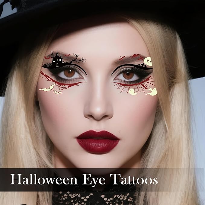 Glow in Dark Halloween Eyeliner Temporary Tattoos for Adults, 12 Pairs Luminous Eyes Fake Tattoos, Gothic Spooky Designs with Spiders Web, Bats, Cats, Skulls, Black