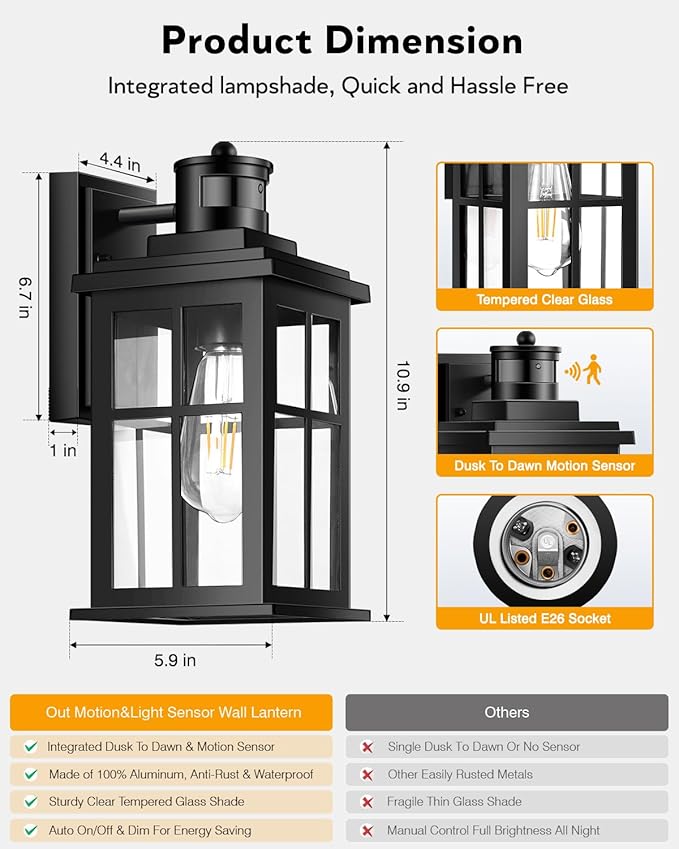 Motion Sensor Outdoor Light, Black Porch Light Dusk to Dawn, Waterproof Outdoor Motion Sensor Light, Anti-Rust Outside Lights for House, Garage, Doorway, Porch, 100% Aluminum