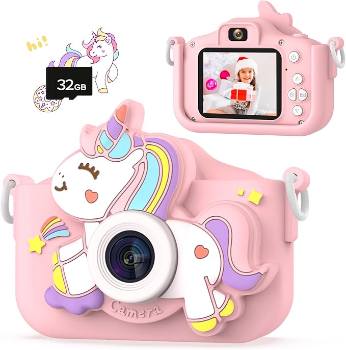Kids Camera for Girls, HD Selfie Toddler Camera, Christmas Birthday Toys for Girls Age 3-12 Years, Kid Digital Camera with 32GB Card, Cute Princess Toys Gifts for Kids 3 4 5 6 7 8 Years Old(Pink)