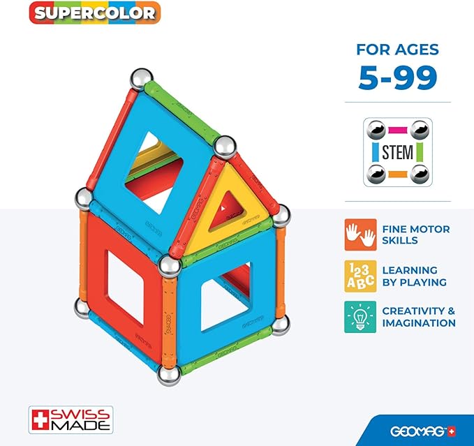 Geomag Magnetic Toys | Magnets for Kids | STEM-endorsed Educational Building Set | 100% Recycled Plastic Supercolor Panels | Storage Box | 52-Pieces | Age 5+