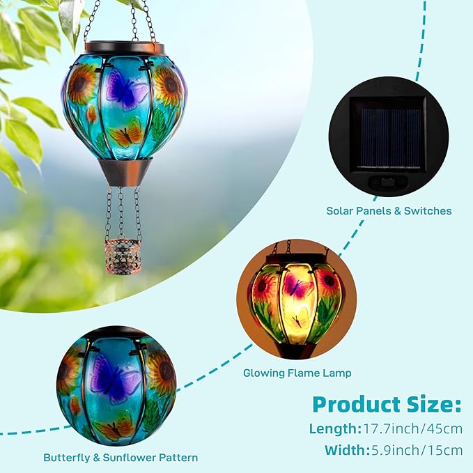 Hot Air Balloon Solar Lantern, Butterfly Solars Powered Hot Air Balloon Lantern Outdoor Waterproof, Glass Hanging Hots Air Balloons Solar Light for Outdoor Patio Garden Decor
