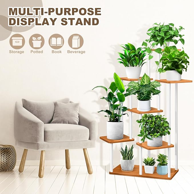 7 Tier Wood Tall Plant Stand Metal Rack Indoor, Multiple Flower Pot Holder Shelves Corner Rack, Planter Shelf Display Rack Storage Organizer for Patio Living Room Balcony Garden(White)