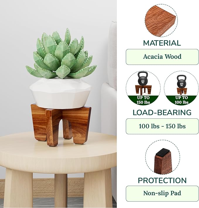 Plant Stands Indoor , Acacia Wood Boho Mid-Century Plant Holder, Modern Minimalist Wooden Pedestal Stand, Fits Up To 12” & 6.5” Pots (2-Pack M&S Size, Pots Not Included)