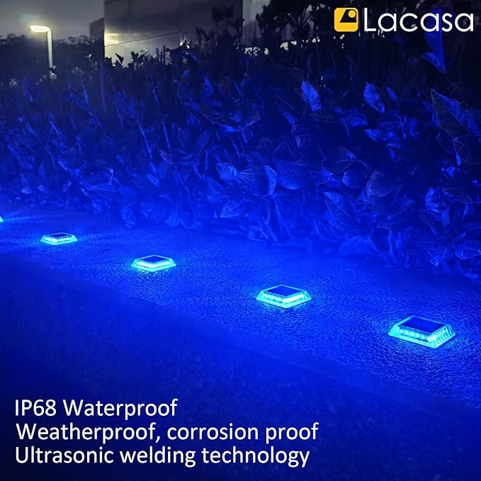 Lacasa Solar Deck Lights, 4 Pack 30LM LED Dock Lights Blue Light, Outdoor Solar Powered Step Lights Light up All Night IP68 Waterproof Auto ON/Off for Garden Stairs Driveway Pathway Lighting