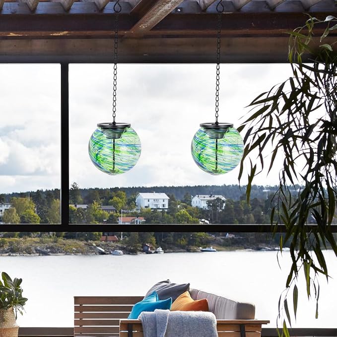 Color Changing Hanging Solar Lanterns Outdoor Waterproof LED Glass Solar Globe Light with S Hooks,Gazing Ball Outdoor Decorative Lanterns for Patio,Pathway,Yard,Garden Decor Gift for Women