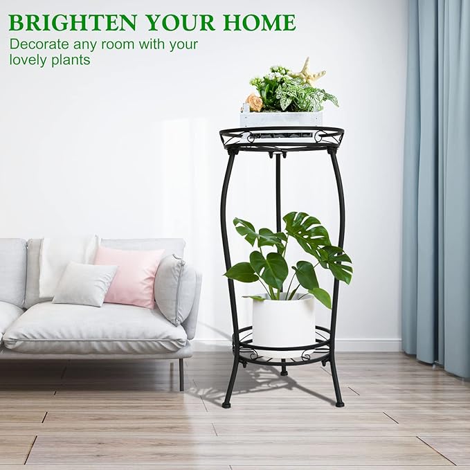 Plant Stand Indoor Outdoor,2 Tier 27inTall Metal Potted Holder Rack Flower Pot Stand Heavy Duty Plant Shelf Rustproof Iron Multiple Plant Round Supports Rack for Planter Corner Garden Balcony Patio