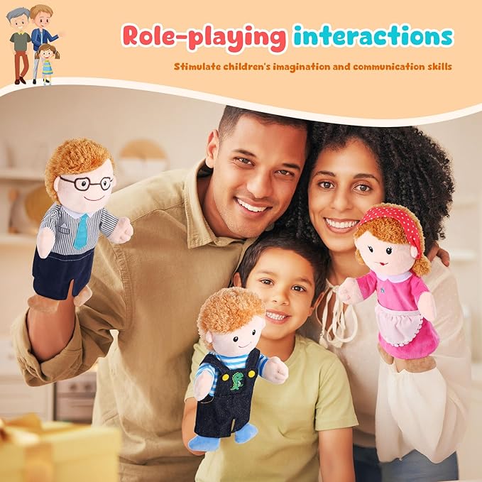 6 Pcs Family Hand Puppets 12 Inch Grandparents, Mom & Dad, Brother & Sister Plush Hand Puppet Toys Role-Play Toy Puppets for Kids Storytelling Imaginative Pretend Play Teaching Preschool(6 Family D)