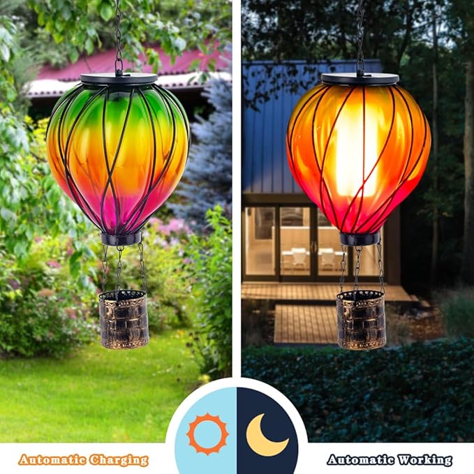 Colorful Solar Hot Air Balloon Lantern with Flame Flickering,Garden Decor Glass Hot Air Balloon Solar Lantern Outdoor Waterproof Hanging Light for Patio,Porch,Yard Mother Day Gifts for Women