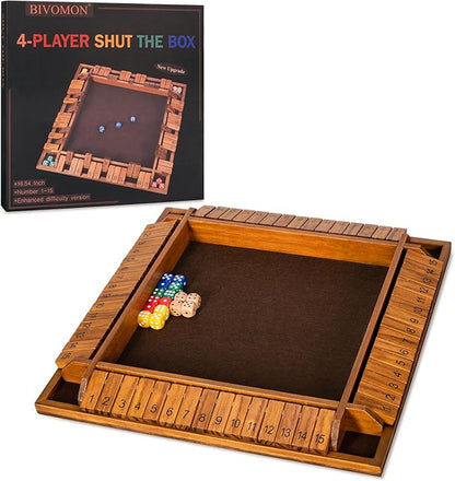 Upgraded 16.54’’ Shut The Box Dice Game with 15 Numbers for 1-4 Players, Large Wooden Board Math Game 16 Dices, Tabletop Games Kids Adults Family Party Birthday