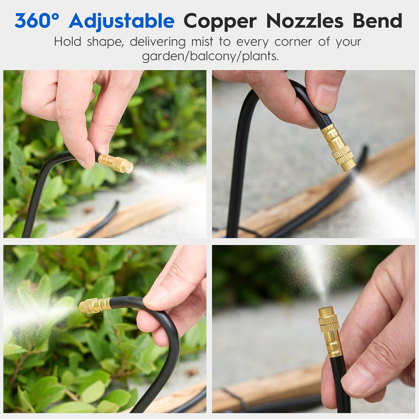 360° Automatic Drip Irrigation Kit - 5/16'' Tubing, Adjustable Universal Spray Nozzle, Copper Atomizing System for Garden/Lawn/Greenhouse - Multi-Directional Rotation, Quick Connectors, 33FT