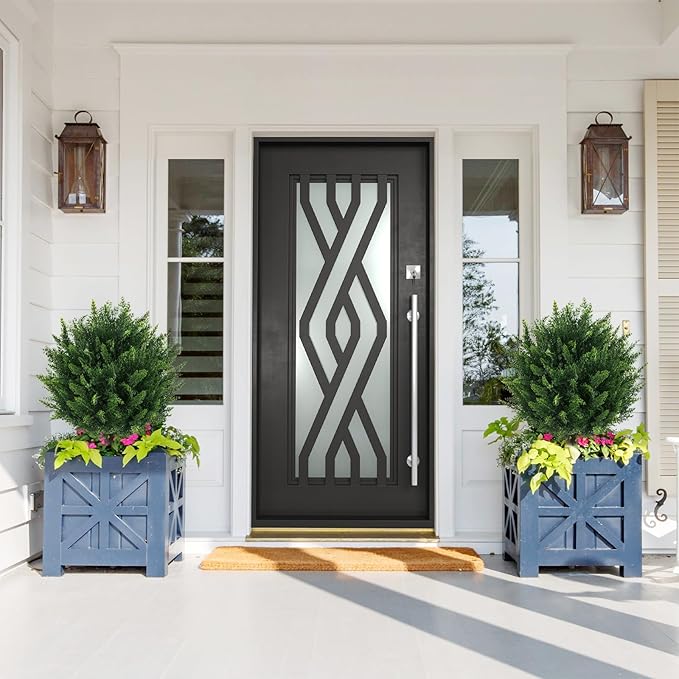 21" Artificial Cypress Topiary Outdoor Plants with Spike, 2 Pack Faux Cedar Bushes UV Resistant Fake Shrubs for Front Porch Décor