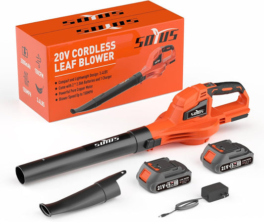SOYUS Leaf Blower, 20V Leaf Blower Cordless with 2x2.0Ah Battery and Charger, 150 MPH Electric Leaf Blowers with Two-Speed Mode, Blowers for Lawn Care, Debris Dust Cleaning(Orange)