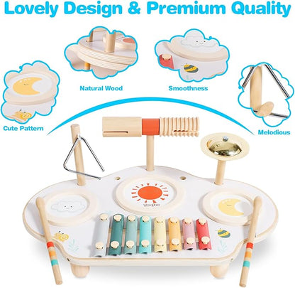 Kids Drum Set - 9 in 1 Baby Drum Set for Toddlers - Montessori Musical Instruments Toy for Babies - Wooden Xylophone Musical Toys for Boys and Girls