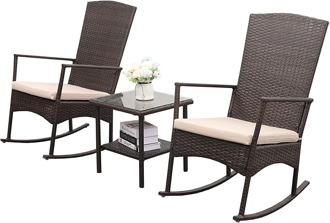 Outdoor Rocking Chair 3 Pieces High-Backed Rocking Chair Outdoor Patio Rocking Chairs Outdoor Table, Khaki