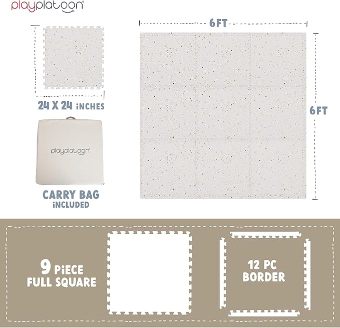 Play Platoon Non-Toxic Large Kids Mats for Floors, Extra-Thick Interlocking Tiles, 24 x 24 in. Puzzle Mat Pieces with Border, 9 Tile 72 x 72 inch, Neutral Playmat Rug for Toddlers & Children