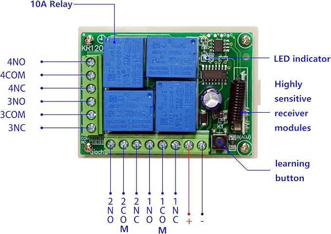 QIACHIP Universal 12V 4CH Wireless Relay Remote Module Switch RF 433Mhz with Remote Control Key Fob 2 Transmitters 1 Receiver for Light Garage Door Electric Gate,Momentary Toggle Latched(KR1204)