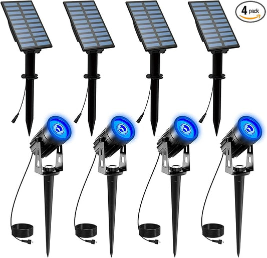 T-SUNUS 4 Pack Solar Landscape Spotlights - Blue, Waterproof IP65, 9.8ft Cable, 2000mAh Solar Panel, Auto On/Off for Garden, Driveway, Pathway, Pool Area
