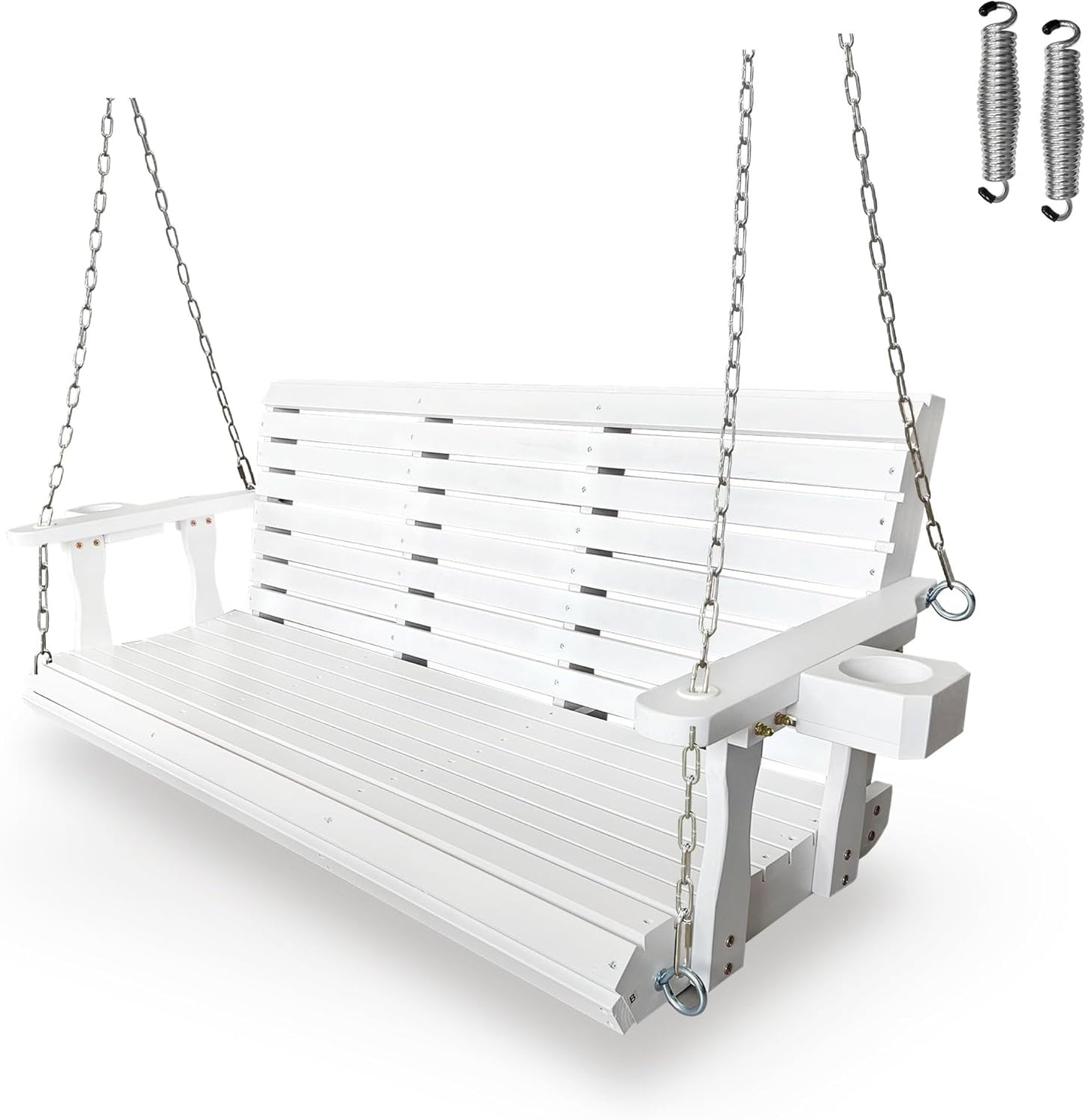 Wooden Porch Swing 3-Seater, High Backrest and Deep Seat, Bench Swing with Cupholders, Hanging Chains and 7mm Springs, Heavy Duty 880 LBS, for Outdoor Patio Garden (Pure White, 5 FT Extra Large)