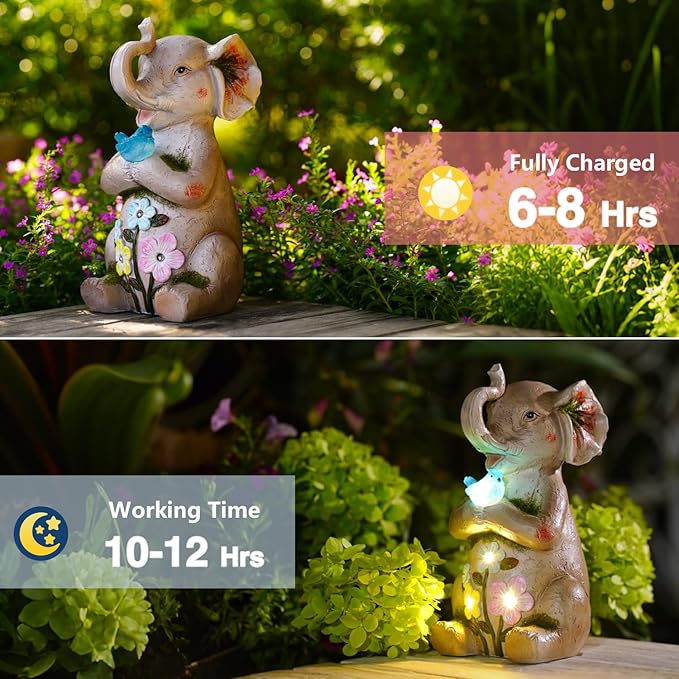 Solar Elephant Holding Solar Butterfly Lights - Resin Garden Outdoor Decorations for Patio,Balcony,Yard,Birthday Garden Gifts for Women Mom